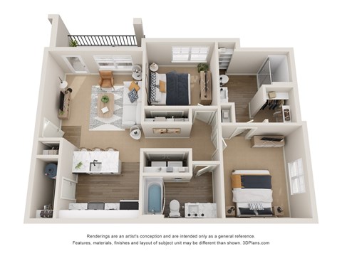 Floor plan for 2 beds, 2 baths, 954 sqft